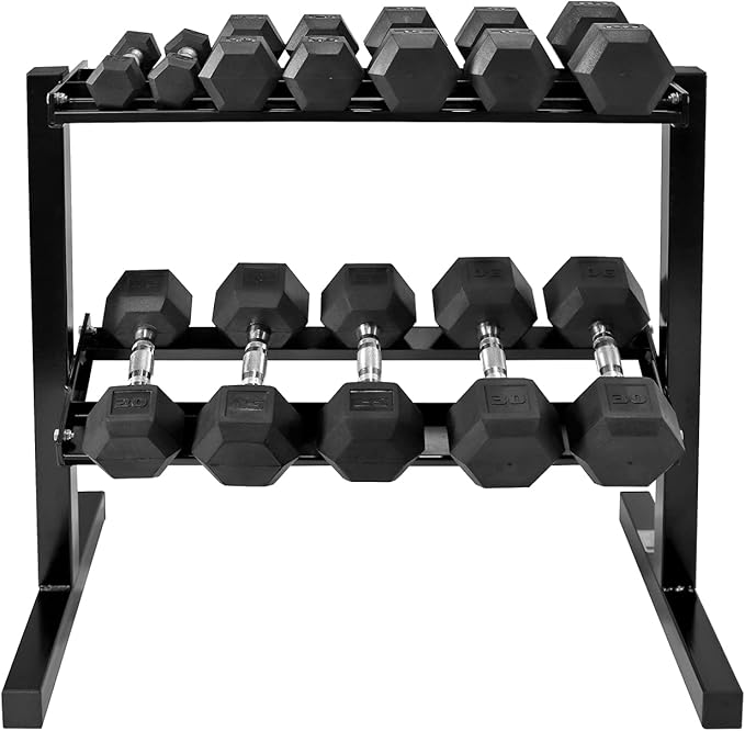 WF Athletic Supply Rubber Coated Hex Dumbbell Set with Two Tier Premium Storage Rack Built for Strength Building, Weight Loss & Home Gym ā Multiple Sets Available