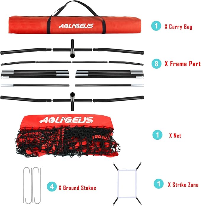 7'X7' Baseball Softball Practice Net,Pitching Net,Batting Net,with Baseball Tee,Bonus Strike Zone and Bow Frame,for Hitting,Pitching, Catching