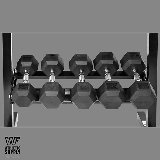 WF Athletic Supply Rubber Coated Hex Dumbbell Set with Two Tier Premium Storage Rack Built for Strength Building, Weight Loss & Home Gym ā Multiple Sets Available
