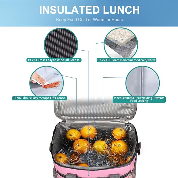 iknoe Large Foldable Cooler Bag, 8.5L Insulated Lunch Bag, Leakproof Lunch Cooler Tote with Multi-Bag Design Suitable for Beach, Picnic and Office Use, Pink 15-Can