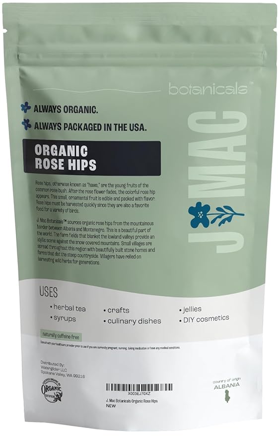 J MAC BOTANICALS Organic Rose Hips (1 Lb Bag) Whole, natural organic dried rose hips for herbal tea, rosehips dried organic, rosehip tea, packaged in the USA