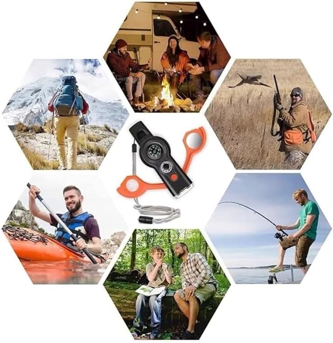 7 in 1 Emergency Survival Whistle with Compass, Outdoor Multi-Functional Hiking Safety Tool with Lanyard