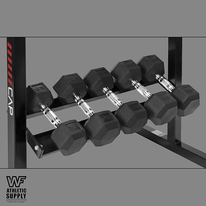 WF Athletic Supply Rubber Coated Hex Dumbbell Set with Two Tier Premium Storage Rack Built for Strength Building, Weight Loss & Home Gym ā Multiple Sets Available