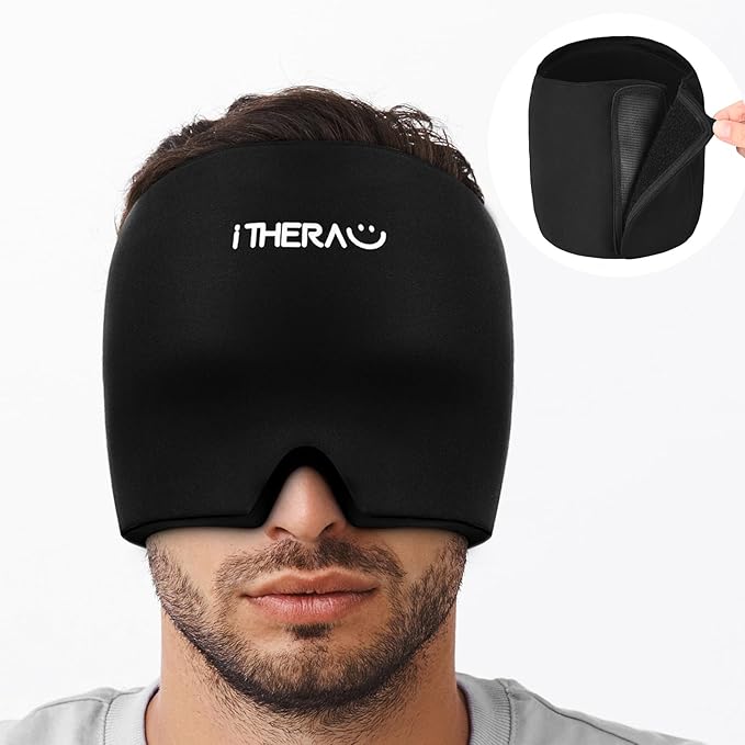 iTHERAU Migraine Relief Cap, Soothing Headache Hat, Gel Ice Pack Head Wrap with Hot and Cold Therapy, Headache Relief Cap for Sinus, Puffy Eyes, Tension and Stress Relief