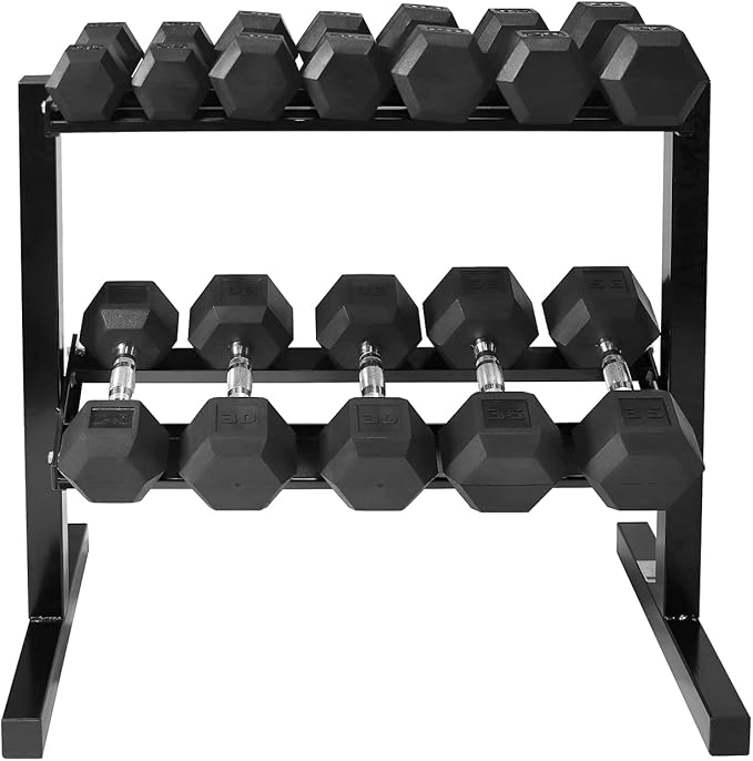 WF Athletic Supply Rubber Coated Hex Dumbbell Set with Two Tier Premium Storage Rack Built for Strength Building, Weight Loss & Home Gym ā Multiple Sets Available