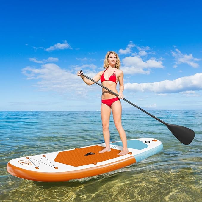 Inflatable Stand Up Paddle Board with SUP Accessories & Backpack. Paddle Boards for Adults. Non-Slip Deck, Wide Stance, Bottom Fin, Double Action Pump.
