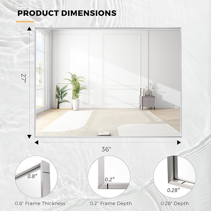 27x36 Inch Nickel Bathroom Mirror for Wall, Aluminum Frame Rectangle Rectangular Vanity Mirror, Modern Large for Bedroom, Living Room, Horizontal or Vertical