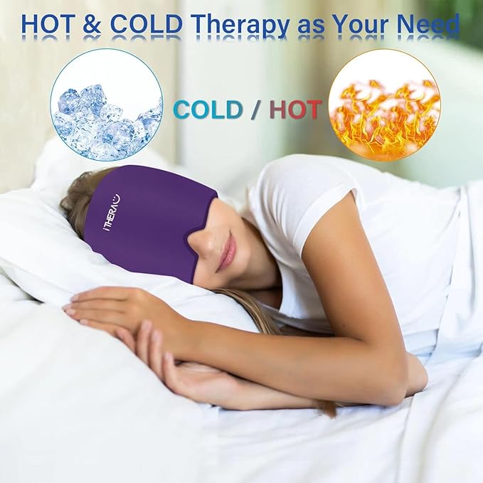 iTHERAU Migraine Relief Cap, Migraine Ice Head Wrap, Headache Ice Hat, Cold Therapy Headache Relief Cap for Migraine Eyes Mask Purple Headache Ice Pack for Puffy Eyes, Tension, Sinus & Stress Relief