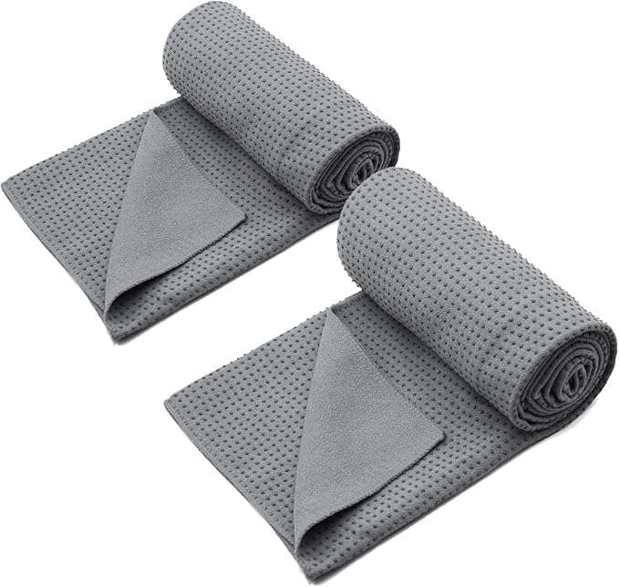 Eunzel 2 Pack Yoga Towel,Hot Yoga Mat Towel with Grip Dots Sweat Absorbent Non-Slip for Hot Yoga, Pilates and Workout 24" x72,Dark Grey (2 Pack)
