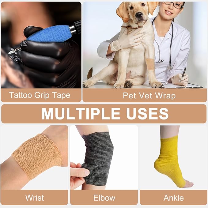 48 Pack Self Adhesive Bandage Wrap, 2” x 5 Yards Cohesive Medical Tape Elastic Grip Tape Black Sports Tape Athletic for Ankle, Wrist Sprains, Pet First Aid (Brown)