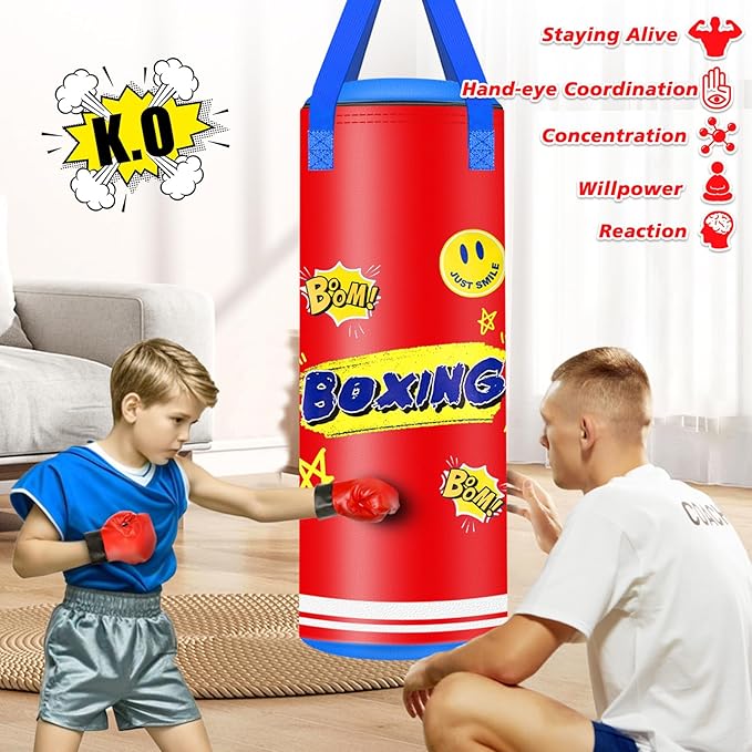 Hanging Punching Bag for Kids, 2FT PU Leather Kicking Bag with Boxing Bag Gloves, Heavy Bag Boxing Equipment for Training Karate Muay Thai Kick Taekwondo(Unfilled)