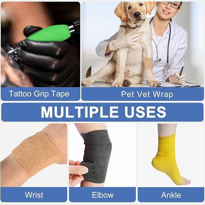 48 Pack Self Adhesive Bandage Wrap, 2” x 5 Yards Cohesive Medical Tape Elastic Grip Tape Black Sports Tape Athletic for Ankle, Wrist Sprains, Pet First Aid (Multi-Color)