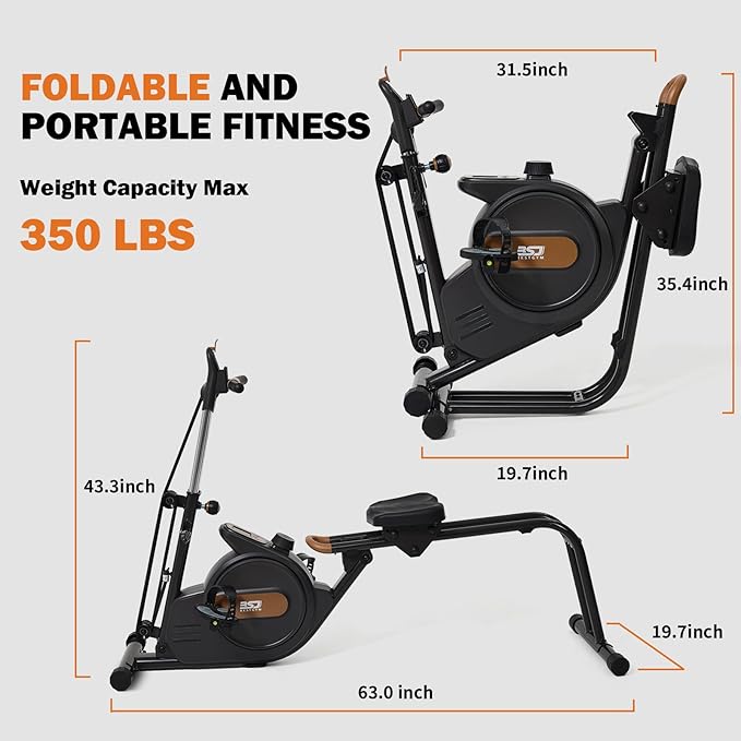 3 in 1 Rowing Machine, Dual Slide Rail 6-Level Adjustable Height with Max 350lb Weight Capacity, Home Fitness Rower for Full Body Workout, App Compatible