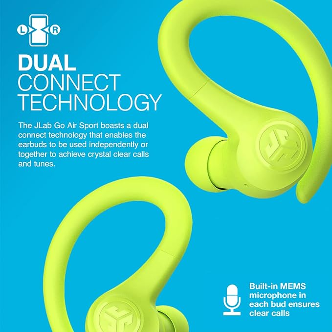 JLab Go Air Sport True Wireless Earbuds, Yellow, Featuring C3 Clear Calling, Secure Earhook Sport Design, 35+ Hour Bluetooth Playtime, and 3 EQ Sound Settings