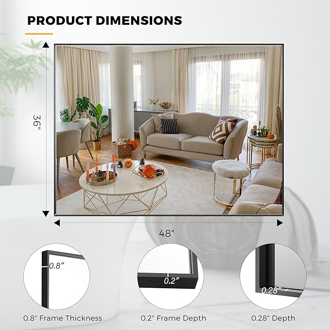 36x48 Inch Black Bathroom Mirror for Wall, Aluminum Frame Rectangle Rectangular Vanity Mirror, Modern Large for Bedroom, Living Room, Horizontal or Vertical