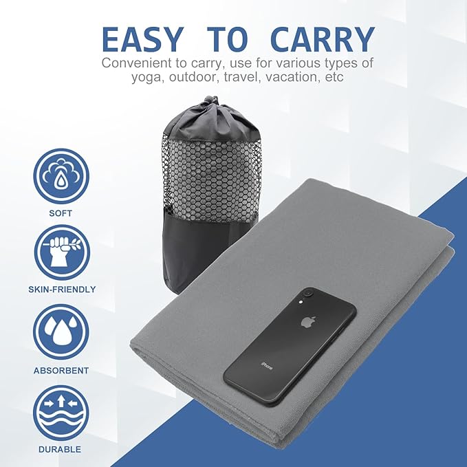 Eunzel 2 Pack Yoga Towel,Hot Yoga Mat Towel with Grip Dots Sweat Absorbent Non-Slip for Hot Yoga, Pilates and Workout 24" x72,Dark Grey (2 Pack)