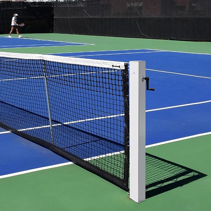 In Ground Tennis Net Set, 4'' Square Aluminum Alloy Posts and Heavy Duty Double-Layer Tennis Net, Unique Built-in Winder Design, Sturdy and Durable, Follows ITF Standards