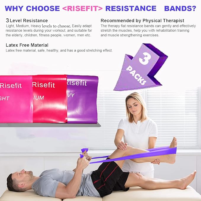 Therapy Flat Resistance Bands Set, Latex Free Flat Elastic Exercise Stretch Bands for Stretching, Flexibility, Pilates, Yoga, Ballet, Gymnastics, Rehab, Workout, Pink, Purple, Blue (3 Pack, 5 FT long)