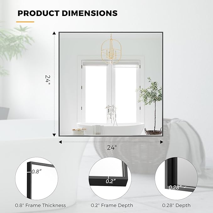 24x24 Inch Black Bathroom Mirror for Wall, Aluminum Frame Rectangle Rectangular Vanity Mirror, Modern Large for Bedroom, Living Room, Horizontal or Vertical