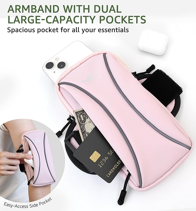 HiRui Arm Bag & Wrist Bag Phone Holder, Sports Running Armband for Gym, Cycling & Workout, Compatible with iPhone 16/15/14 Series, Samsung Galaxy & More, Reflective, Adjustable, Secure Fit (Pink)