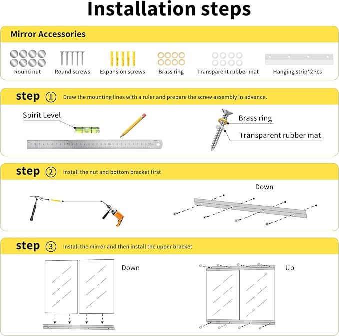 Home Gym Mirror - 55x28 Inch, 3PCS Frameless Tempered Glass Full Body Mirror for Wall Mount - Ideal for Yoga, Workout, Bedroom, Dance Studio (Silver)