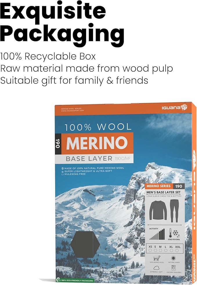 Iguana Mens 100% Merino Wool Base Layer Sets for Ski Lightweight Thermal Underwear