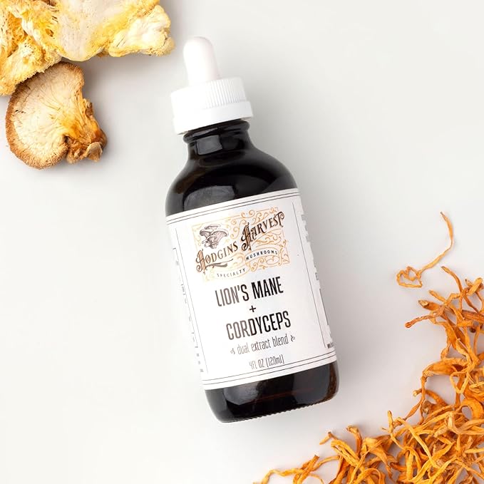 Hodgins Harvest Organic Lion’s Mane + Cordyceps Tincture | Made with Mushrooms Grown On Our Farm in The USA | Dual Extract | Extra-Concentrated (4 fl oz)