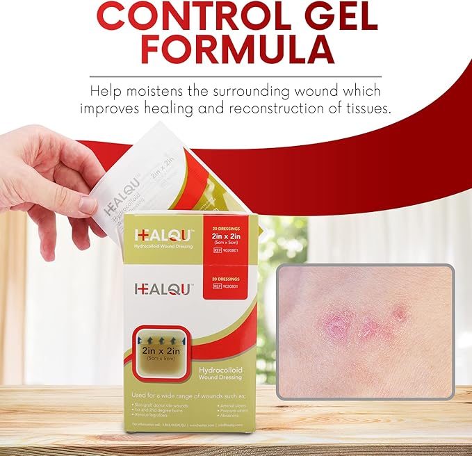 Healqu Hydrocolloid Wound Dressing - 2x2" Thin - Box of 20 Large Bandages - Sterilized Bordered Hydrocolloid Patches for Bed Sores, Abrasions, and More - Waterproof and Absorbent with Protective