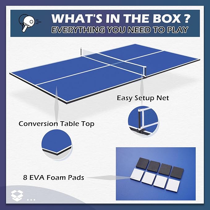 7FT Ping Pong Table Top with Net Set for Pool Table, Foldable Ping Pong Table Topper, Portable Table Tennis Conversion Top Includes Foam Padding for Protection, Easy Conversion