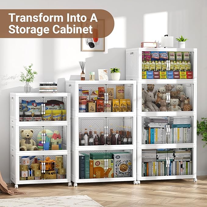 300QT Extra Large Stackable Storage Bins, 75Gal Clear Plastic Closet Organizer Cabinet with Lid and Wheels, Collapsible Latch Boxes Folding Drawer with Door for Home Kitchen, V20 3Pack White