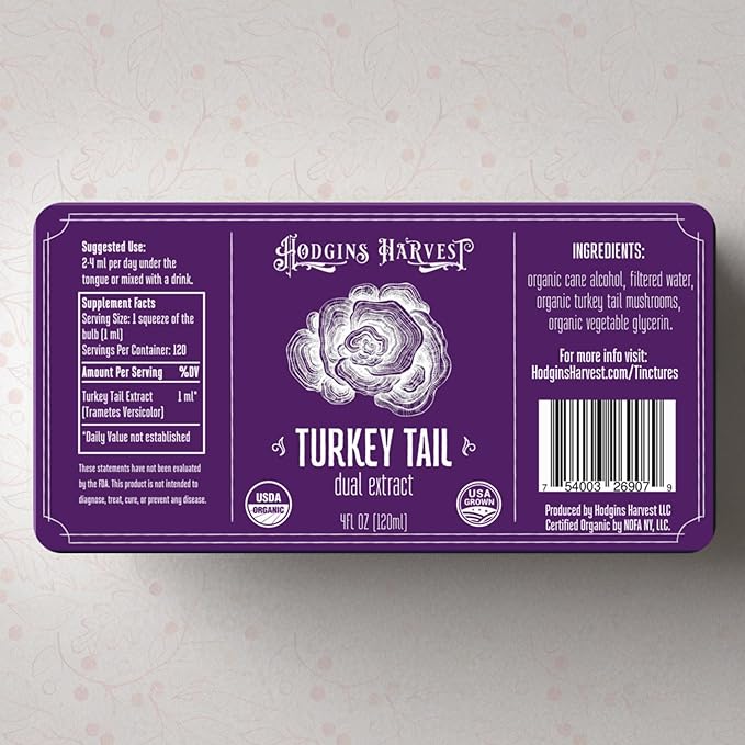 Hodgins Harvest Organic Turkey Tail Tincture | Made with Mushrooms Grown On Our Farm in The USA | Dual Extract | Extra-Concentrated (4 fl oz)