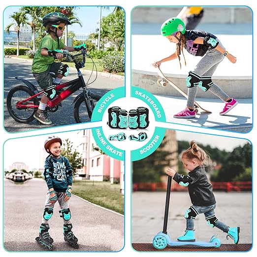 2PM SPORTS Knee Pads for Kids, Wrist Guards Knee and Elbow Pads Set with Drawstring Bag, Protective Gear Set for Girls Boys Roller Skating Cycling Skateboard - Mint Small