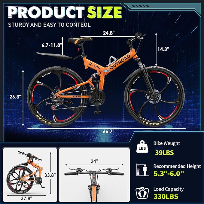 26 Inch Folding Mountain Bike, 21 Speed Full Suspension Bicycle with High-Carbon Steel, Dual Disc Brake Non-Slip Quick Release tire Folding Bicycle for Adults/Men/Women