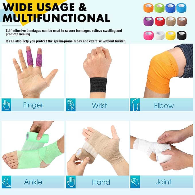 12 Pack Self Adhesive Bandage Wrap, 1 in x 5 Yards Non-Woven Self Adherent Cohesive Bandage, Vet Wrap Wound Tape for Thumb Finger Wrist Knee Ankle, White