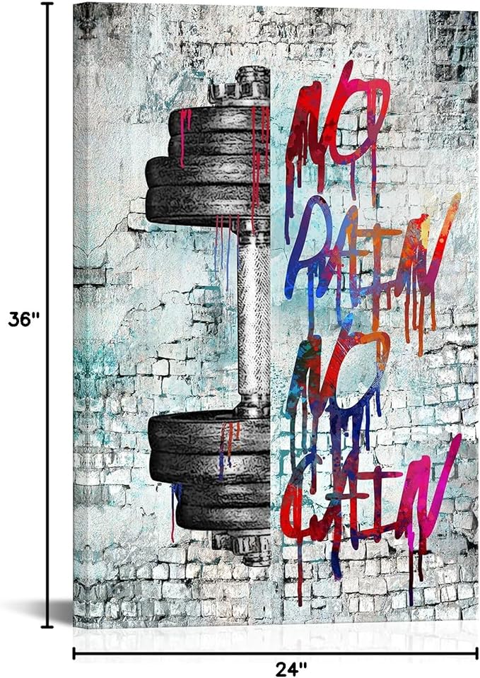 iHAPPYWALL Vintage Inspirational Fitness Quotes Wall Art No Pain No Gain Dumbbells Gym Sport Picture for Home Bodybuilding Room Bedroom Decor Ready to Hang 24x36inch (Grey)