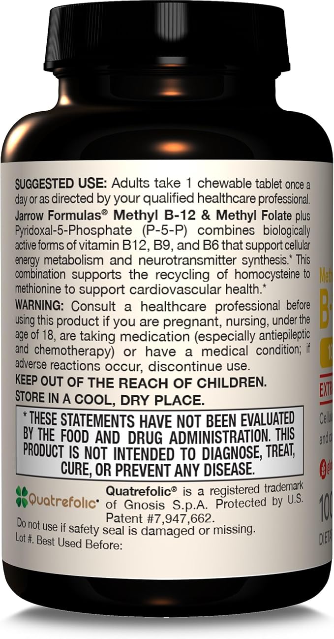Jarrow Formulas Ultra Strength Methyl B-12 5000 mcg & Methyl Folate 800 mcg + P-5-P, Dietary Supplement for Cellular Energy Metabolism and Cardiovascular Support, 60 Chewable Tablets, 60 Day Supply