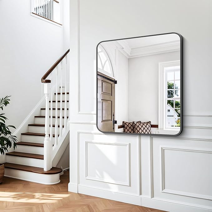 36x40 inch Bathroom Mirror,Black Rectangle Mirror,Wall Mounted Bathroom Frame Vanity Mirror with Round Corner for Bedroom Living Room,Entryway Hangs Horizontal or Vertical