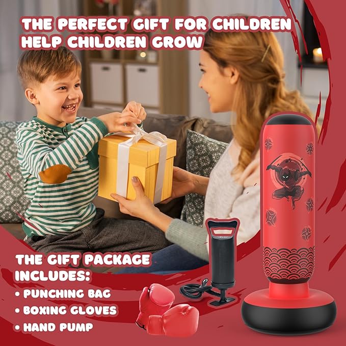 Inflatable Punching Bag for Kids, Tall Larger 66 Inch Stable Boxing Bag for Teens, Ninja Shuriken Toy Gifts for Boys Girls, Boxing Set with Gloves and Pump for Practicing Karate Taekwondo