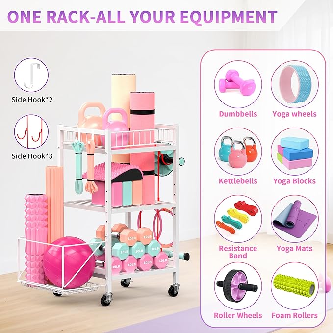 3-Tier Home Gym Storage Rack, Adjustable Yoga Mat Storage Rack, 250LBS Metal Workout Equipment Storage Cart with Large Basket & Lockable Wheels for Mats, Bands, Foam Rollers, Yoga Block