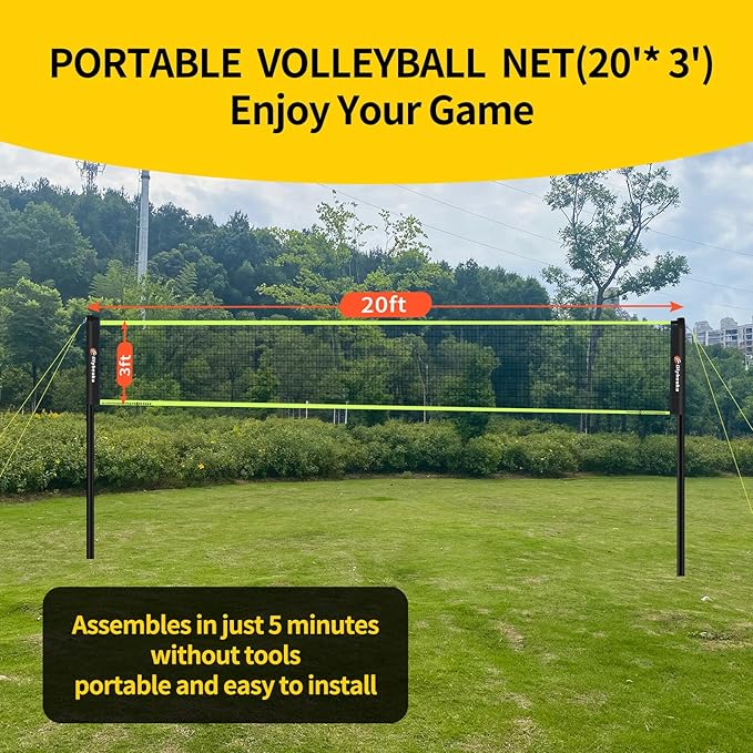 20FT Outdoor Volleyball Net Set System for Backyard Beach with Anti-Sagging Net, Iron Adjustable Height Poles, Soft PU Volleyball and Pump, Carry Bag - Instant Set Up & Durable