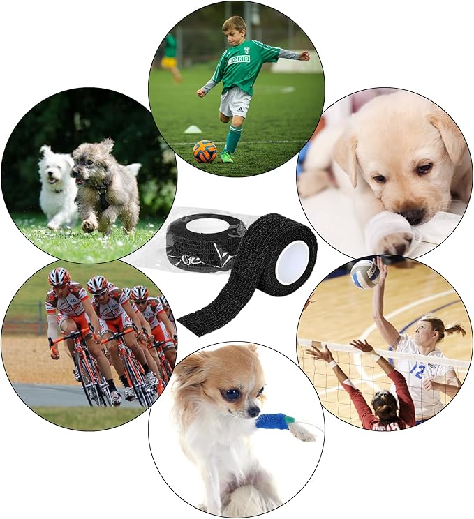 6 Pack 1 Inches Self Adhesive Bandage Wrap Breathable Cohesive Bandage Elastic Tape for Pets, Athletic, Sports, Wrist, Knee, Ankle(5 Yards Per Roll, Black)