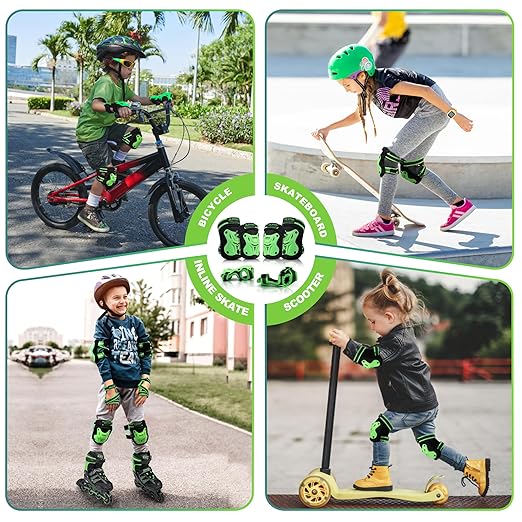 2PM SPORTS Knee Pads for Kids, Wrist Guards Knee and Elbow Pads Set with Drawstring Bag, Protective Gear Set for Girls Boys Roller Skating Cycling Skateboard - Green Medium