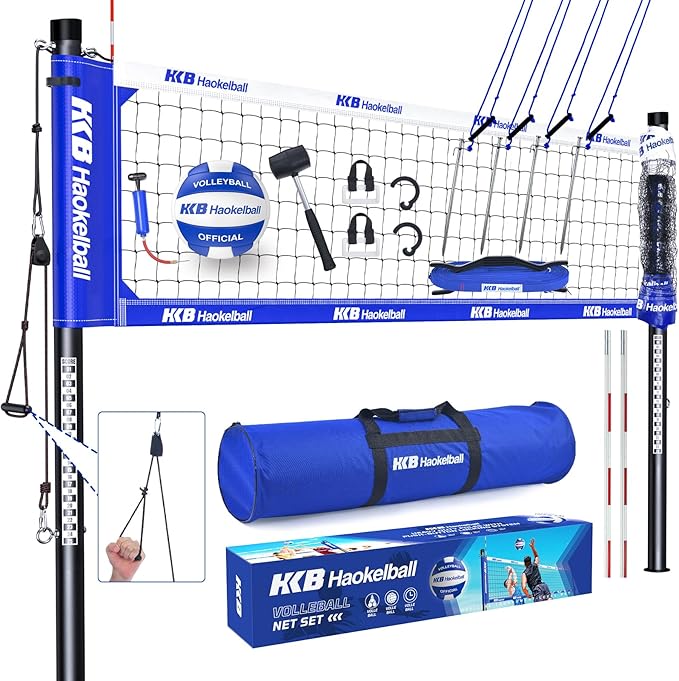 Haokelball Volleyball Net for Backyard Outdoor Portable Volleyball Net Set with Volleyball Antennas, Aluminum Poles, Tension Adjuster and Volleyball