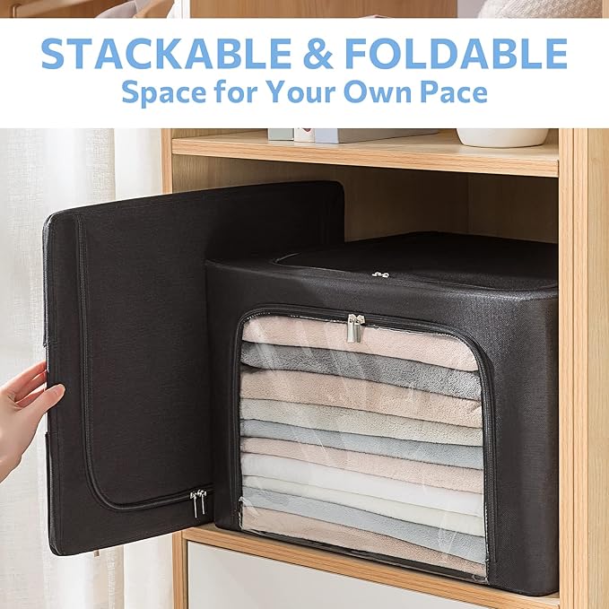 3Pack Frame Storage Box - Clothes Storage Bin Bags Oxford Fabric Foldable Stackable Container Organizer Set with Clear Window & Carry Handles (Black, X-Small-36L)