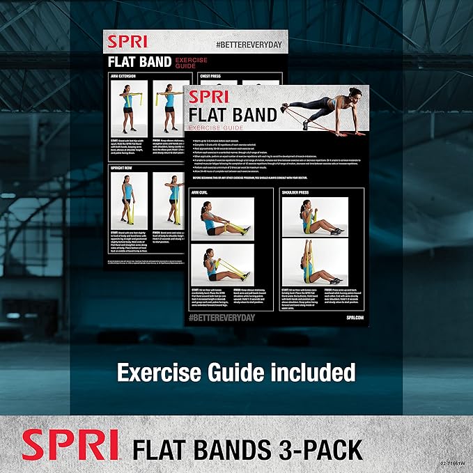 SPRI Flat Bands 3-Pack - Resistance Band Kit Set with 3 Levels of Resistance - Exercise Bands for Strength Training, Flexibility, & Body Workout - Versatile Fitness Tool - Light, Medium, and Heavy