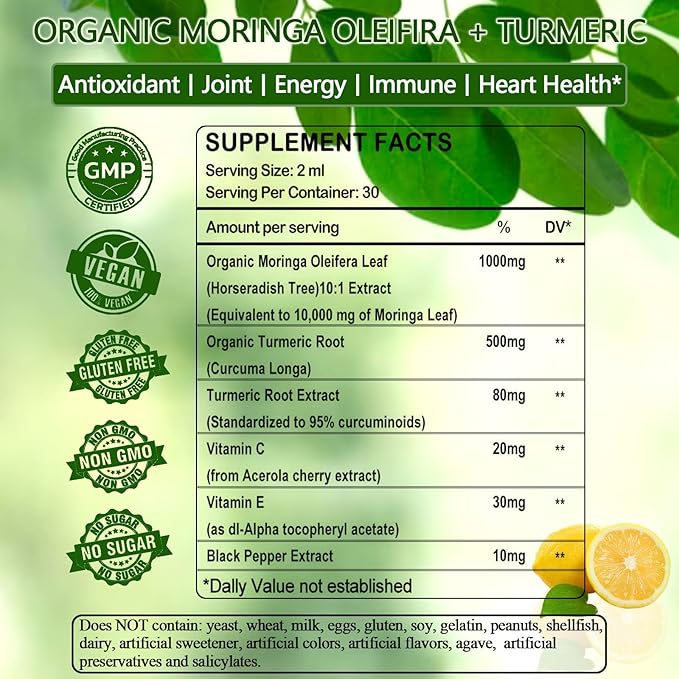 2 Pack Organic Moringa Liquid Drops, Fast-Absorbing Leaf Extract with Turmeric, Black Pepper & Vit C Immune Energy Metabolism & Joint Support丨6x Potency vs Powder Capsules丨Natural Superfood Supplement