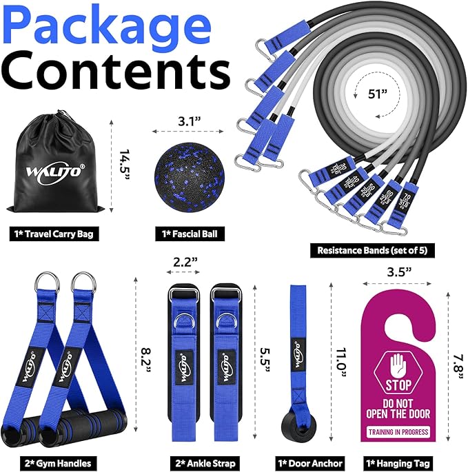 WALITO Resistance Bands Set - Exercise Bands with Handles, Door Anchor, Legs Ankle Straps, for Heavy Resistance Training, Physical Therapy, Muscle Training, Yoga, Home Workouts