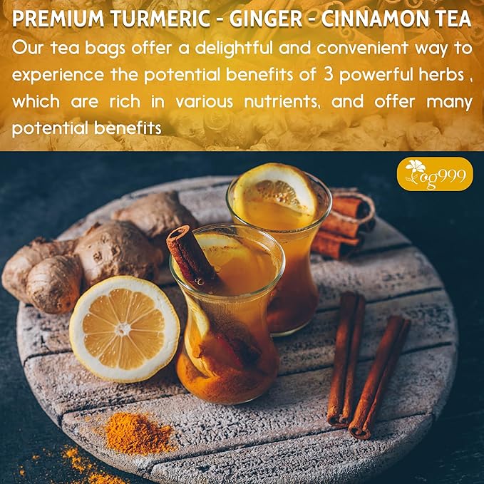60 Bags Premium Turmeric Ginger Cinnamon Tea, Improve Digestion, Support Brain, Weight, Skin and Sleep, Eco-Conscious Tea Bags and Premium Natural Ingredients. Turmeric Ginger Herbal Tea. No Sugar, No Caffeine, No Gluten, Vegan.