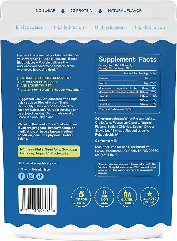 Hi-Lyte Nutritional Boost - Electrolytes + Protein Quick Sticks - Raspberry Lemon - Hydration + Whey Protein Powder Packets - 5g Protein, Electrolytes, No Sugar, Keto Friendly