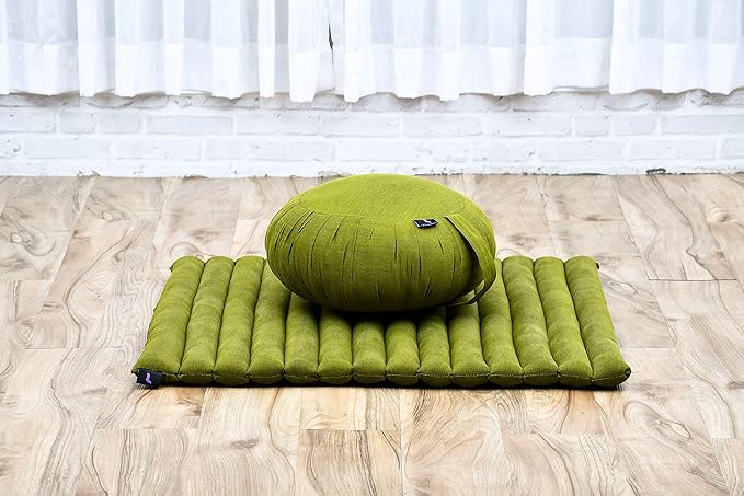Leewadee Meditation Cushion Set – 1 Round Zafu Meditation Pillow and 1 Square Roll-Up Zabuton Meditation Mat, Pillows Bundle Filled with Kapok